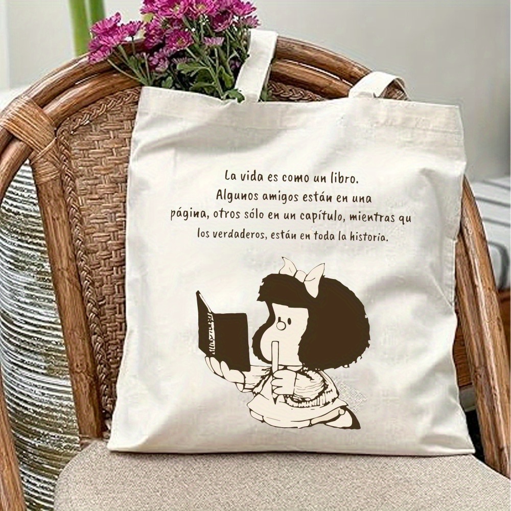 TEMU Bolsa de grande con capacidad para viajes, reutilizable, de poliéster, con mensaje inspirador, regalo para , con diseño de niña leyendo,