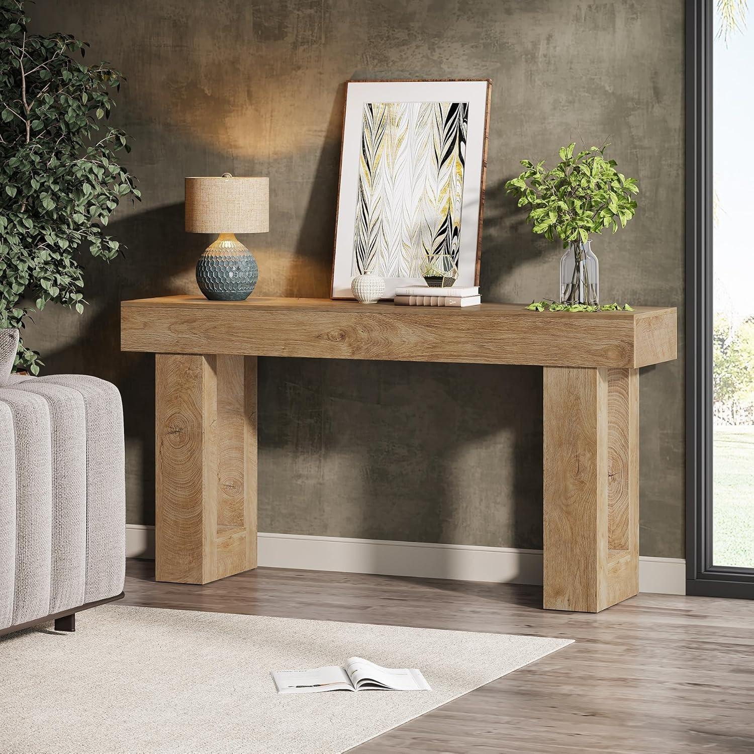 TEMU Natural Wood Console Table, 63-inch Long Rectangular Sofa Table For Farmhouse Entryway, Hallway, Living Room