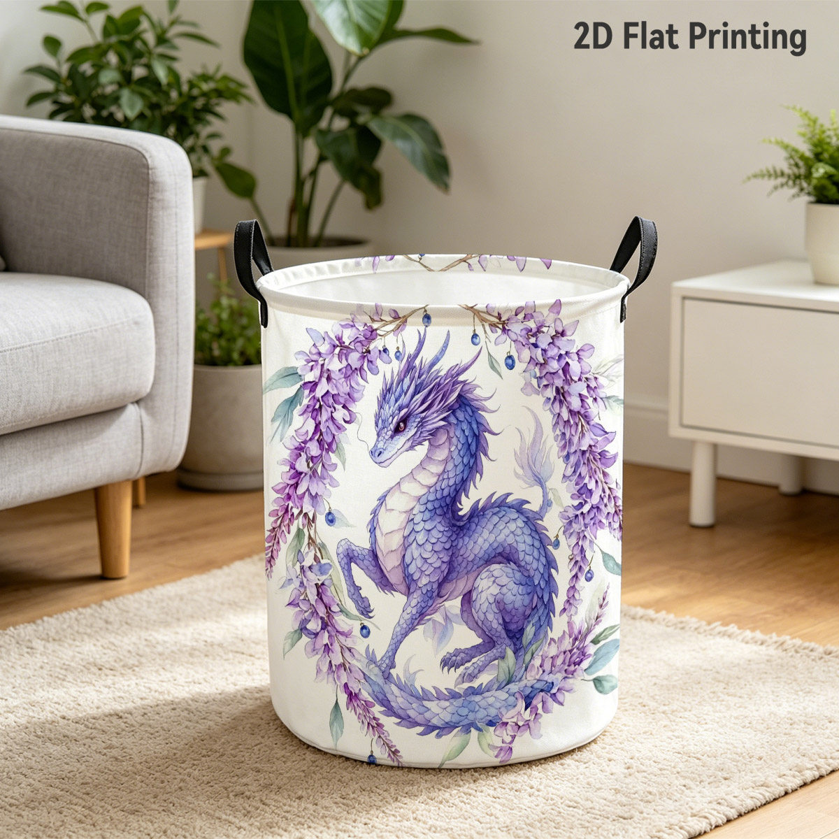 TEMU 2d Flat 1pc Watercolor Blue Dragon Wisteria Wreath Laundry Hamper, Boho, Elegant Dragon With Purple Flowers, Washing Clothes Storage, For Home