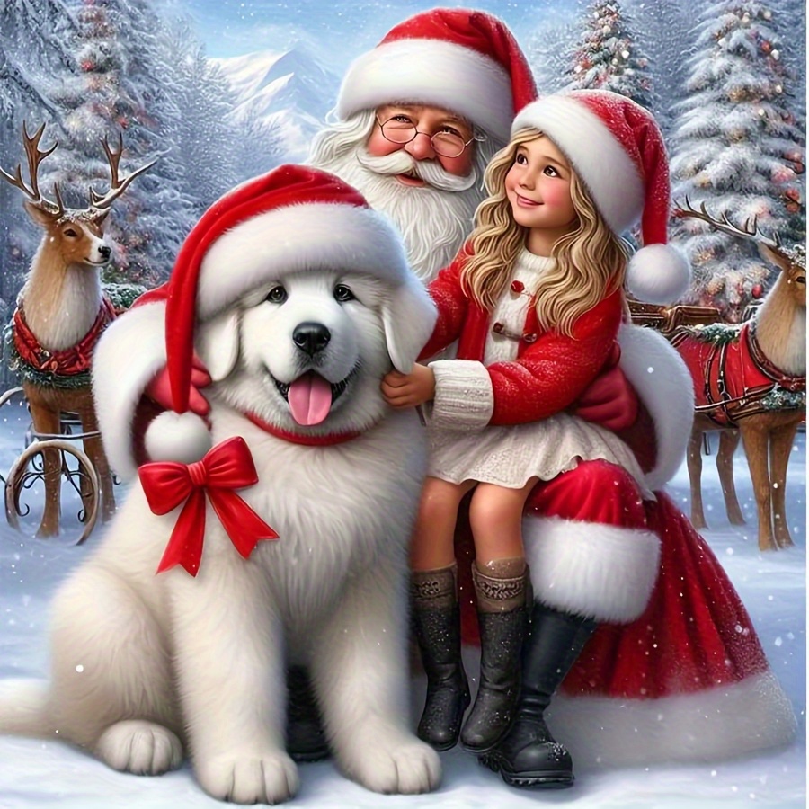 kit de peinture diamant 5d diy -   de noël, père noël et paysage enneigé avec  , mosaïque   ronde complète, décoration murale  , cadeau idéal, 15.74 x 15.74 pouces 0