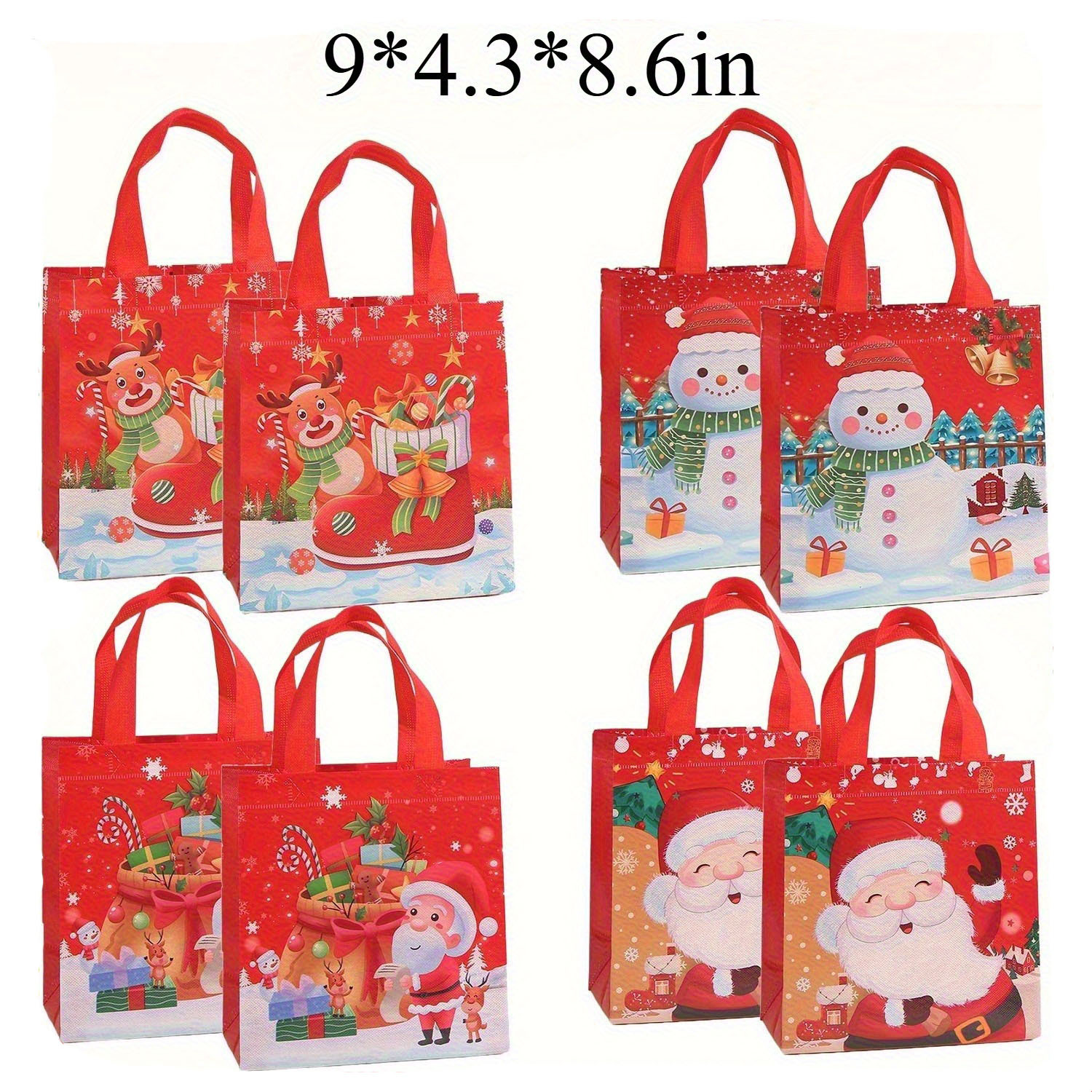 TEMU Set Of 8 Large Reusable Christmas Gift Bags Featuring Of Santa, A Snowman, And A Reindeer. Made From Non-woven Fabric, Bags Are Perfect For
