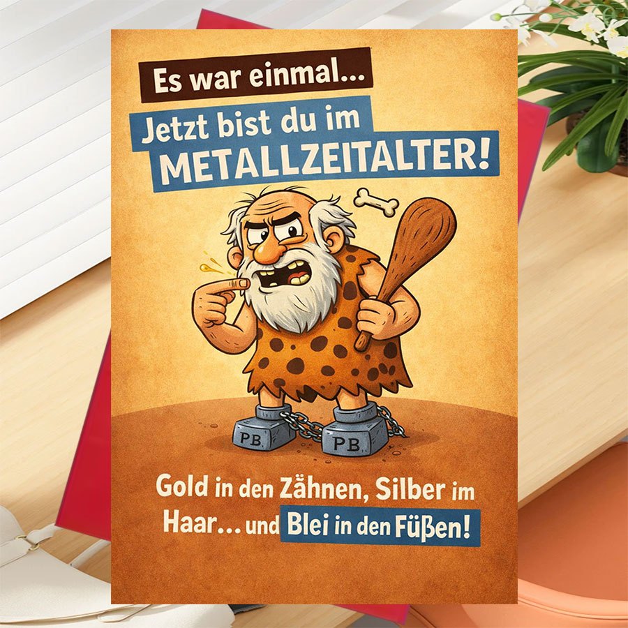 E-shop Eine humorvolle Grußkarte und Umschlag-Kombination, zum über einen Freunds Alter und seine Liebe zum Heavy Metal, geeignet für zwanglose