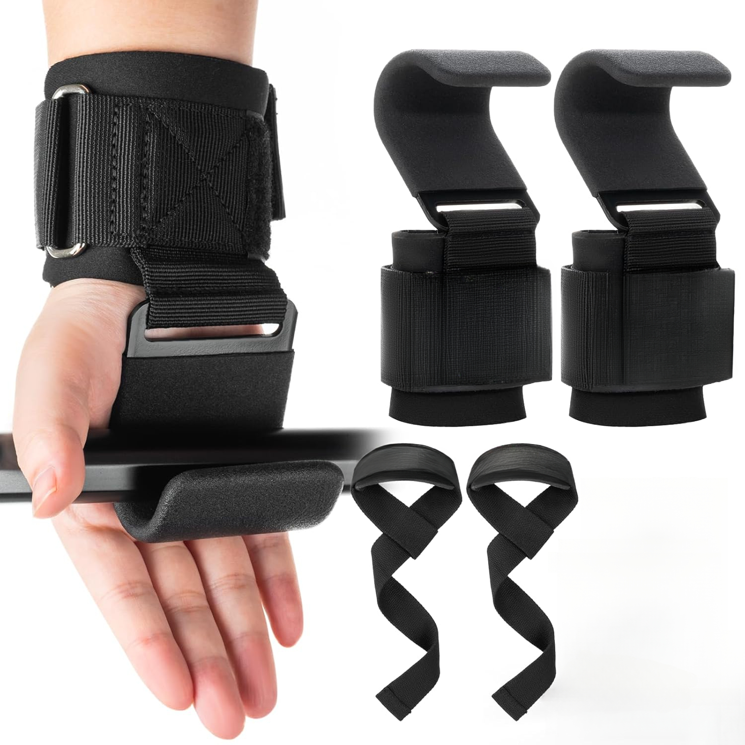 TEMU Ensemble de crochets de musculation avec bandes de poignet, crochets de musculation antidérapants, sangles de soutien de poignet réglables pour