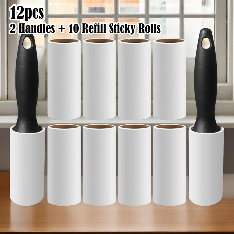 TEMU 12pcs Pet Hair Removal Roller Set, 2 Handles + 10 Refill Sticky Rolls, Black Blue Strong Adhesive Lint Roller, Portable Hair Remover Tool For
