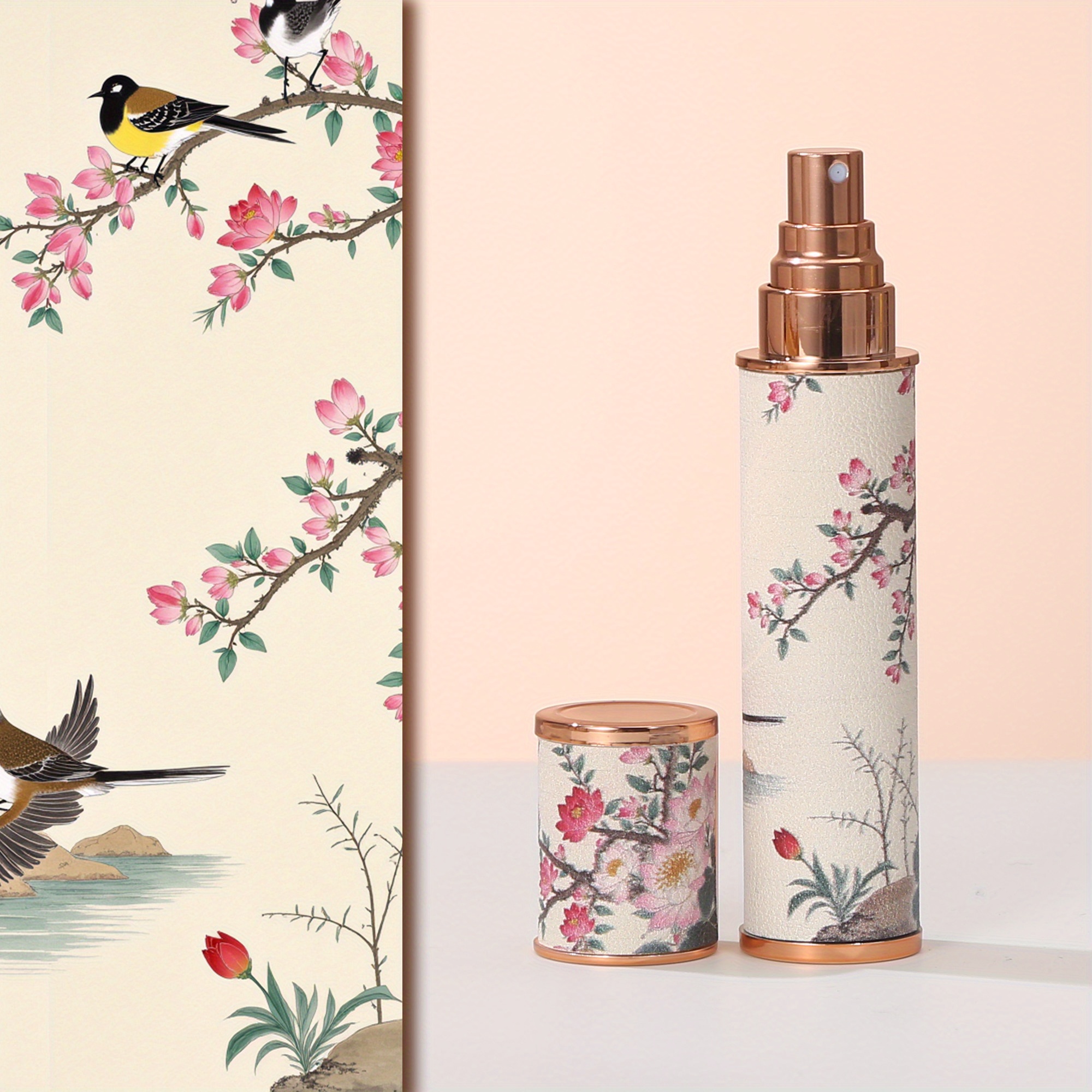 E-shop 10 ml Exquisite Parfümflasche aus Leder mit floralen und Vogelmustern - Tragbare Sprühflasche, für Reisen und den täglichen Gebrauch, elegant