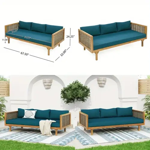3 seater outdoor daybed with rattan armrests teak cushion durable acacia wood frame high quality upholstery 67 5 w x 32 d x 24 patio or garden decor versatile seating option sturdy construction outdoor furniture
