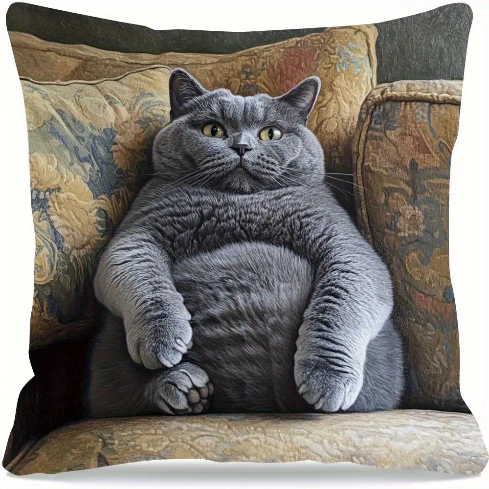 1pc british shorthair cat cushion cover gray dual sided printed pillow case with zipper closure soft decorative pillowcase for sofa living room bedroom   home decor gift vintage aesthetic   fabric interior design fans Product details 1