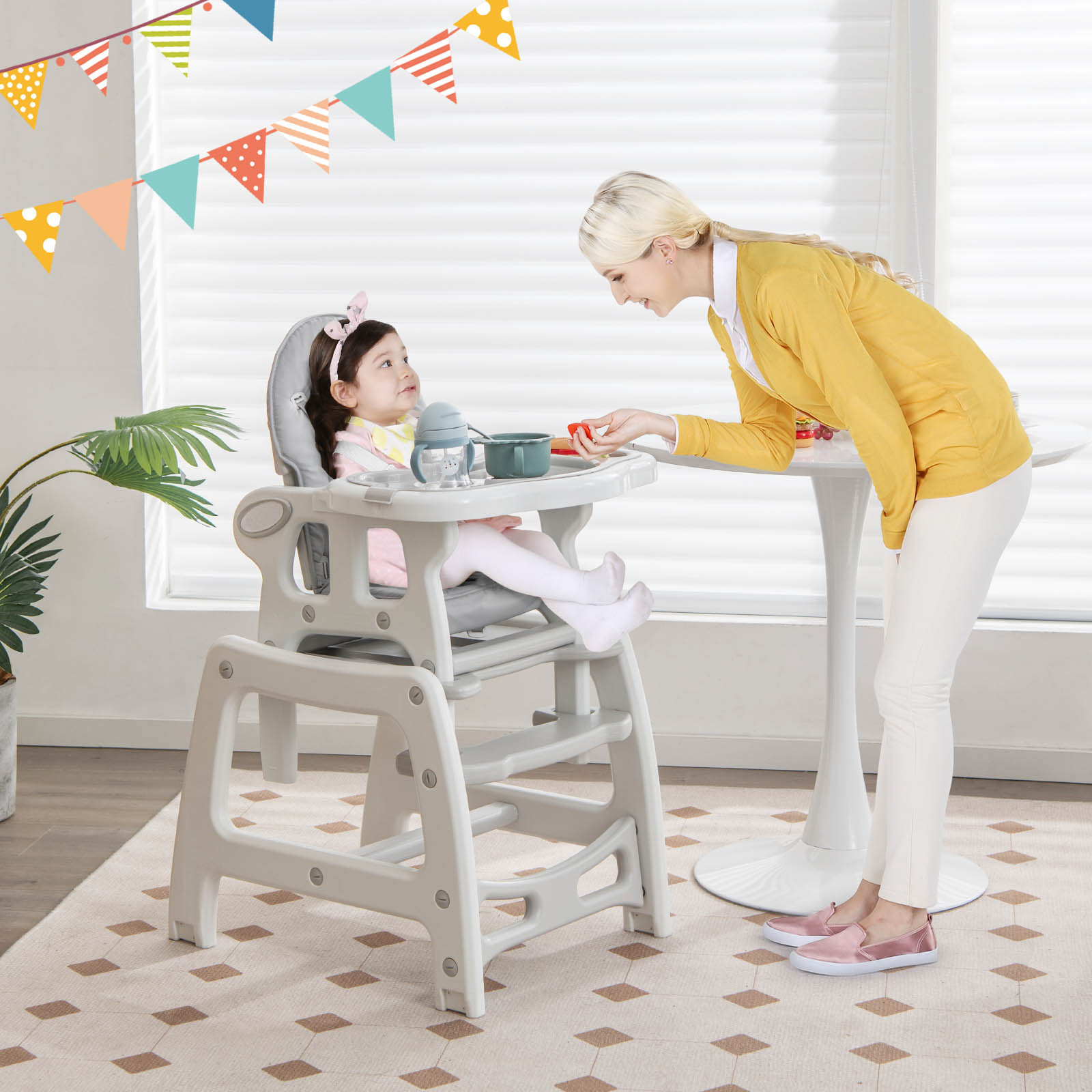 LIFEZEAL 3-in-1 Convertible Feeding Rocking Chair High Chair Table Set, Heavy-Duty 300lb Capacity with Booster Seat & Removable Tray, Adjustable Height, 5-Point Harness, Foldable Design, 360° Swivel, Safety Lock & Non-Slip Base, BPA-Free - Image 11
