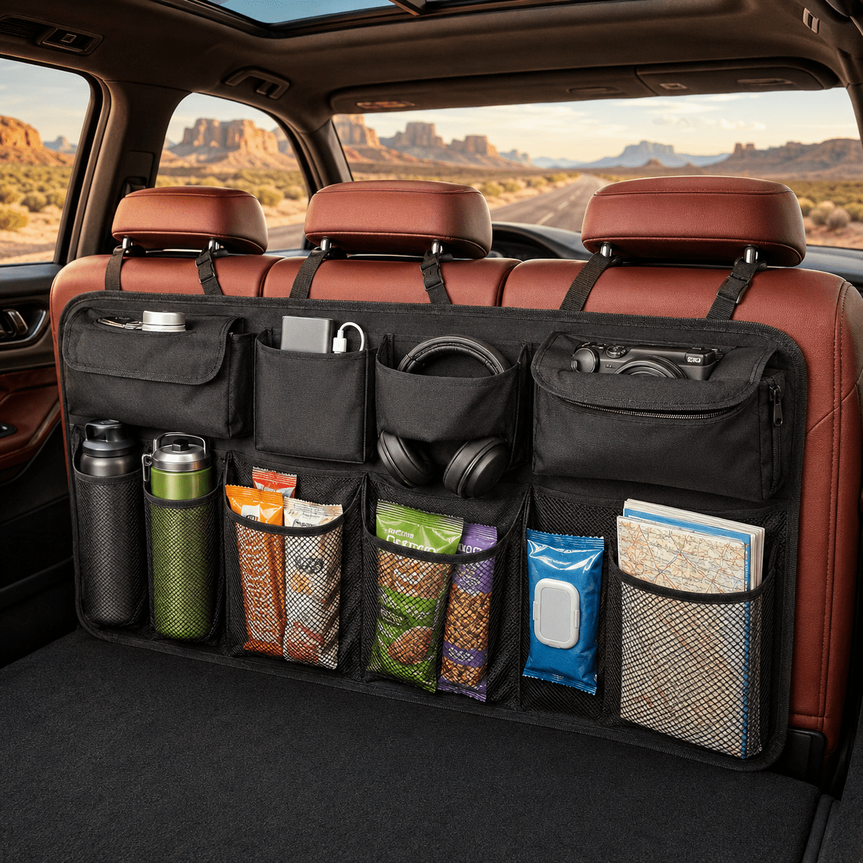 TEMU Car Trunk Storage Organizer Bag, Multi-pocket Backseat Hanging Storage Caddy, Foldable Auto Back Seat Storage Holder With Adjustable Straps,