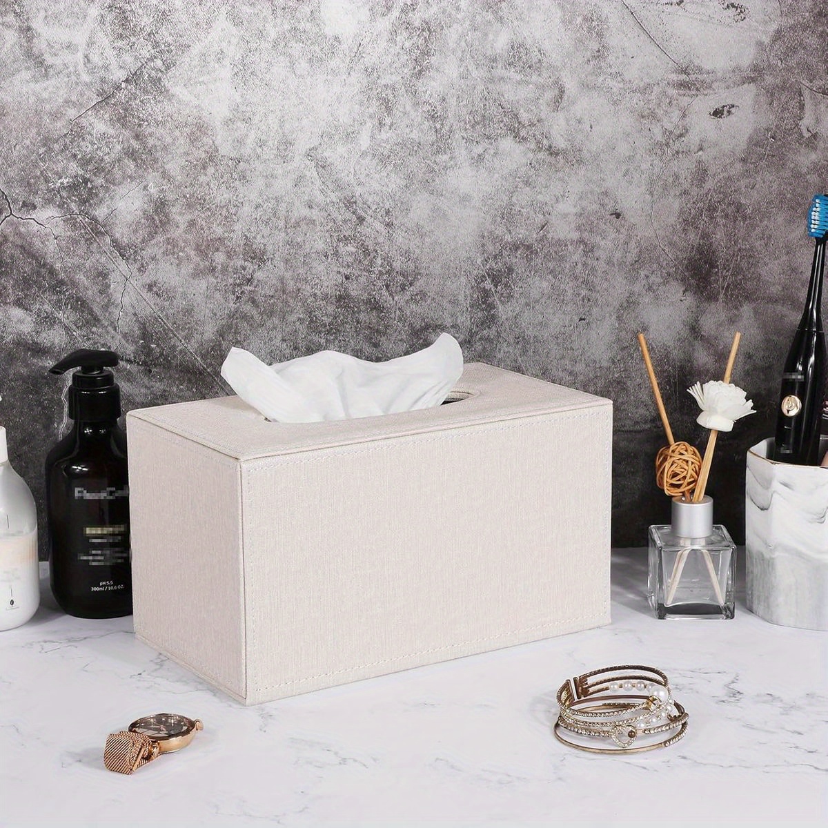   large rectangular tissue box cover with magnetic closure - beige & mdf construction, decorative storage holder with rounded corners & sturdy frame for bathroom, living room, office, car - fits large /kitchen tissues, space-saving design, durable plastic frame & fabric,   decor for table, desk, vanity, dresser, or commercial use - secure magnetic bottom for   Product details 6