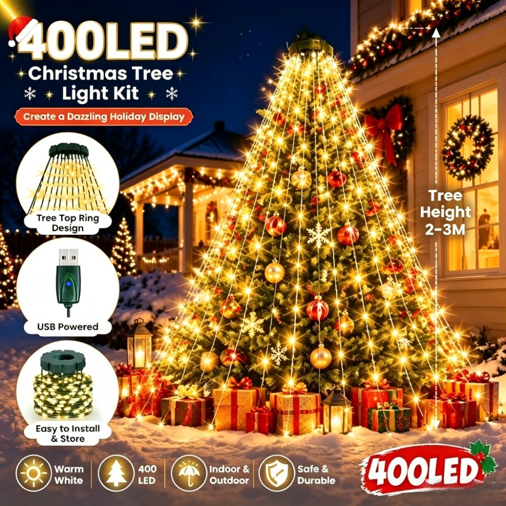 TEMU 400/220 Led Christmas Waterfall Tree Lights, Usb Powered, 8 Lighting , Led Tapered Tree String Lights, /colorful/warm White Tri-color Holiday