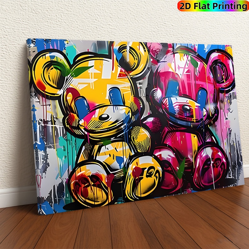 TEMU 2d Flat, 2d Flat, 1pc Wrapped Wooden Decorative For Artwork Featuring A Graffiti Bear In Pop For . This Bohemian Retro Square Decor Is Perfect