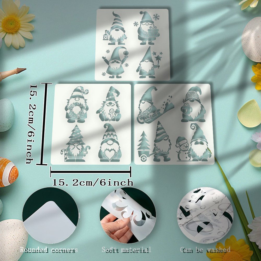 TEMU 3pcs 6x6 Inch Christmas Gnome Stencils Suitable For Diy Crafts, Gnome & Snowman Templates With Santa Patterns, Multipurpose Holiday Patterns For