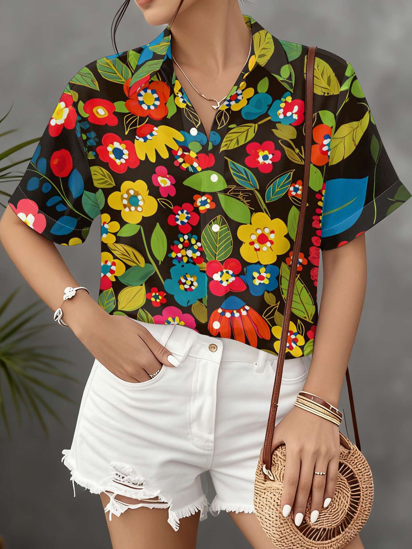 new womens short sleeve shirt with vibrant all over colorful floral and leaf print   background versatile casual top for daily commuting machine washable button up printed shirt