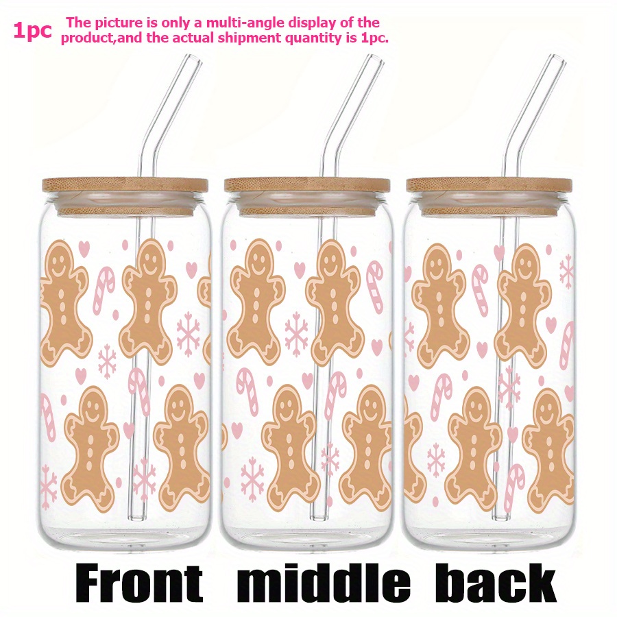 TEMU 1pc, 16oz Glass Bottle With Bamboo Lid And Straw, Gingerbread For Man, Candy Cane, Snowflake, Pattern, Juice Milk Cup, Coffee Cups, Halloween,