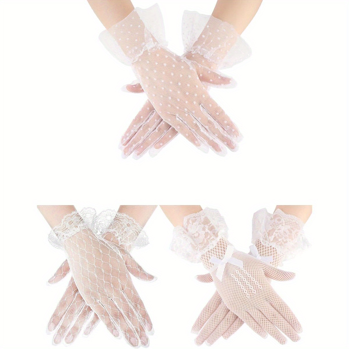 32 Pairs Women's White Lace Gloves With Bow - 11 Inch Long, Vintage Style For Tea Party, Church, Formal Events