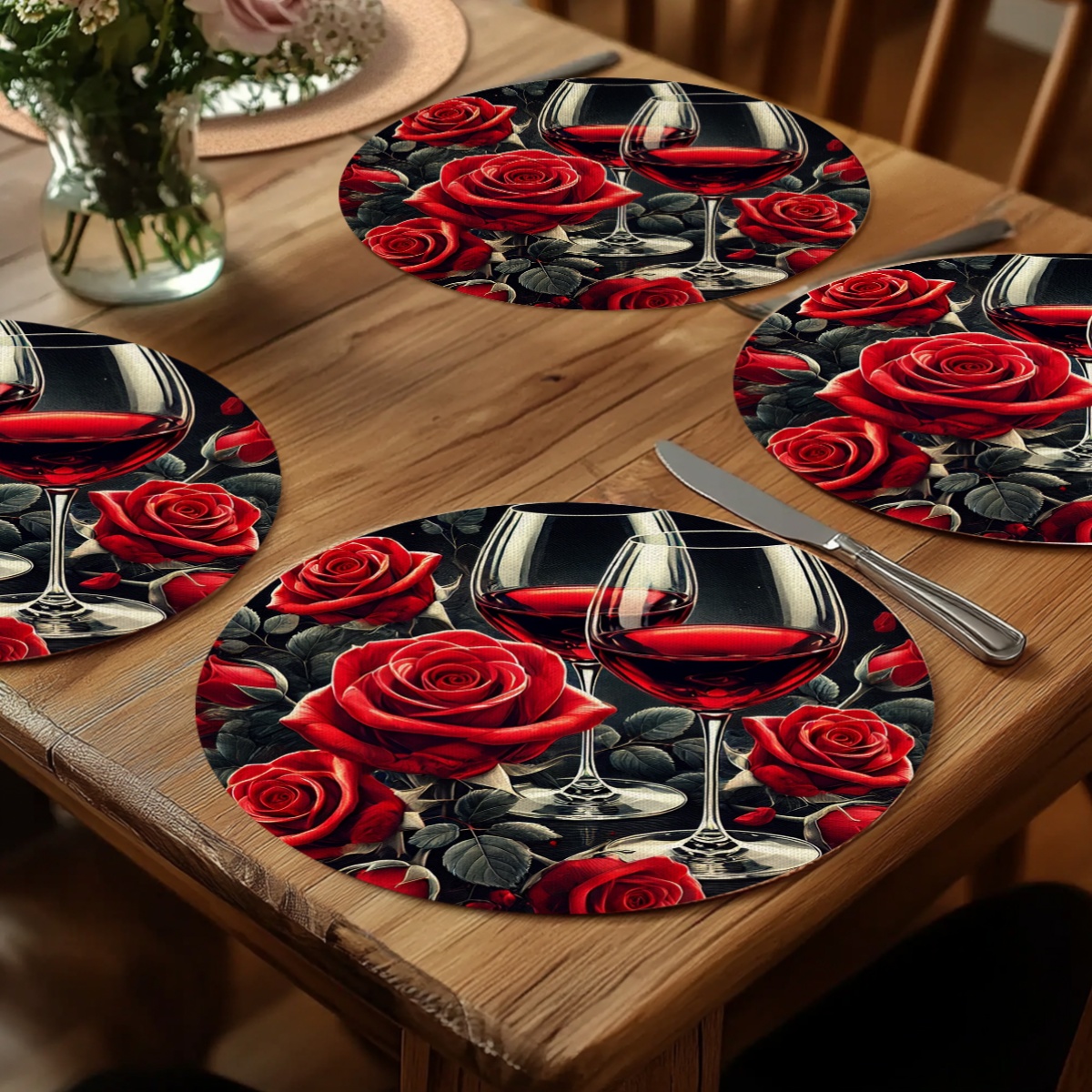 TEMU 4pcs Elegant Round Placemats Compatible For Devices - Glossy Red Roses & Wine Glasses Table Mats, Durable Table Protectors Suitable For Dining
