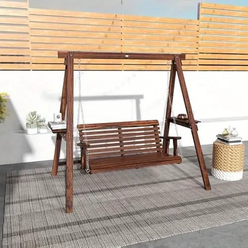 2 seat porch swing with stand solid fir wood patio swing chair with side tables 528 lbs capacity adjustable metal chains for garden poolside backyard carbonized garden seating vintage aesthetic sturdy construction