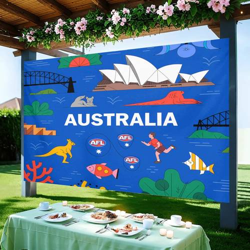 1pc australia themed party banner backdrop non powered decoration for indoor outdoor parties weddings housewarming polyester fabric decor with australian symbols birthdays anniversaries events decoration australian souvenirs gifts event decoration festive atmosphere enhancer wedding decorations print wall decoration 2d flat