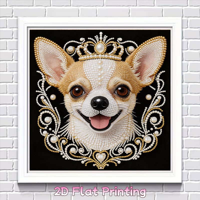 TEMU Kit de peinture diamant Chihuahua plat 2D , design avec couronne et motif de perles dorées tourbillonnantes, ensemble d'artisanat cadre de