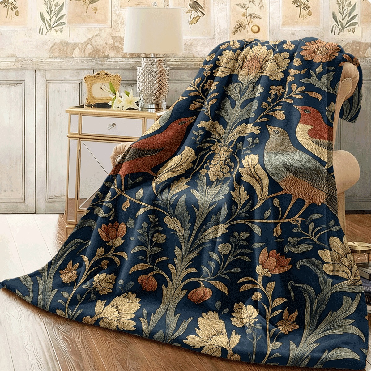 TEMU 1pc William Vintage Floral And Bird Print Blanket Dark Blue With Multicolor Botanical Patterns Soft Spread Or Throw For Cozy Camping And Decor