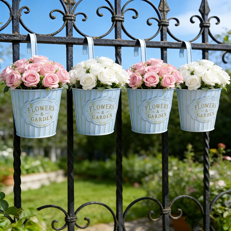 E-shop Set aus 4 Vintage-Wandblumeneimern aus Schmiedeeisen, Buchstaben-Pflanzkübel im amerikanischen Landhausstil, Hängekorb-Blumenkörbe, Wanddeko,