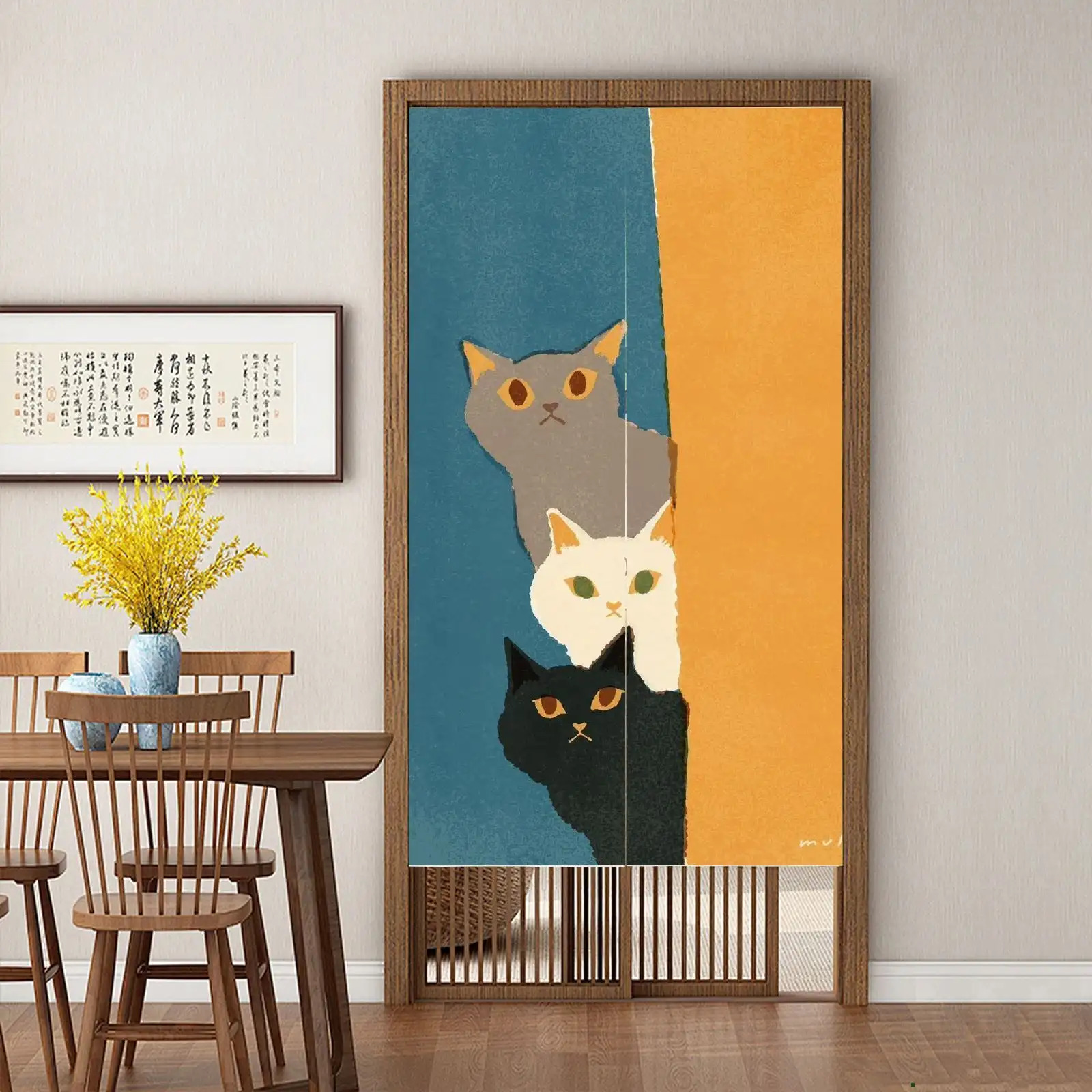 TEMU 【商品名】フカラーと花瓶のイラスト入り 暖かカーテン キッチン 暖かカーテン レーション パーティション カーテン ローカルスタイル 棒なし インクペイント 簡単設置 洗える 寝室 遮光 コーヒーデコレーション 玄関 木製 日本風 モダン 簡単お手入れ