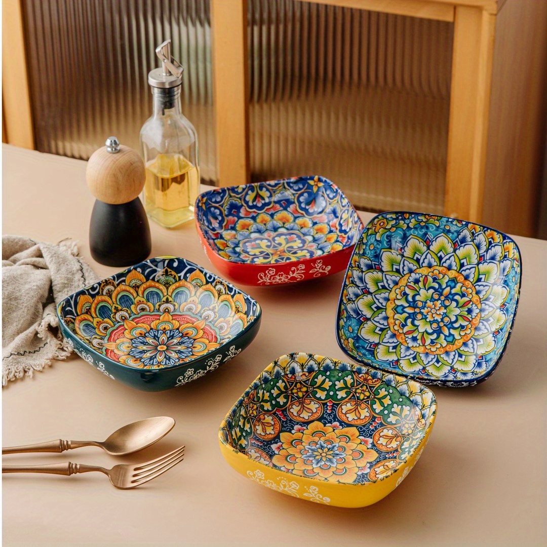 Image of 6 Inch Ceramic Soup, Dessert Bowl Set Of 4 Porcelain Serving Bowls For Cereal, Pasta, Snacks, Salad, Dinner Bowls - Bohemian Style