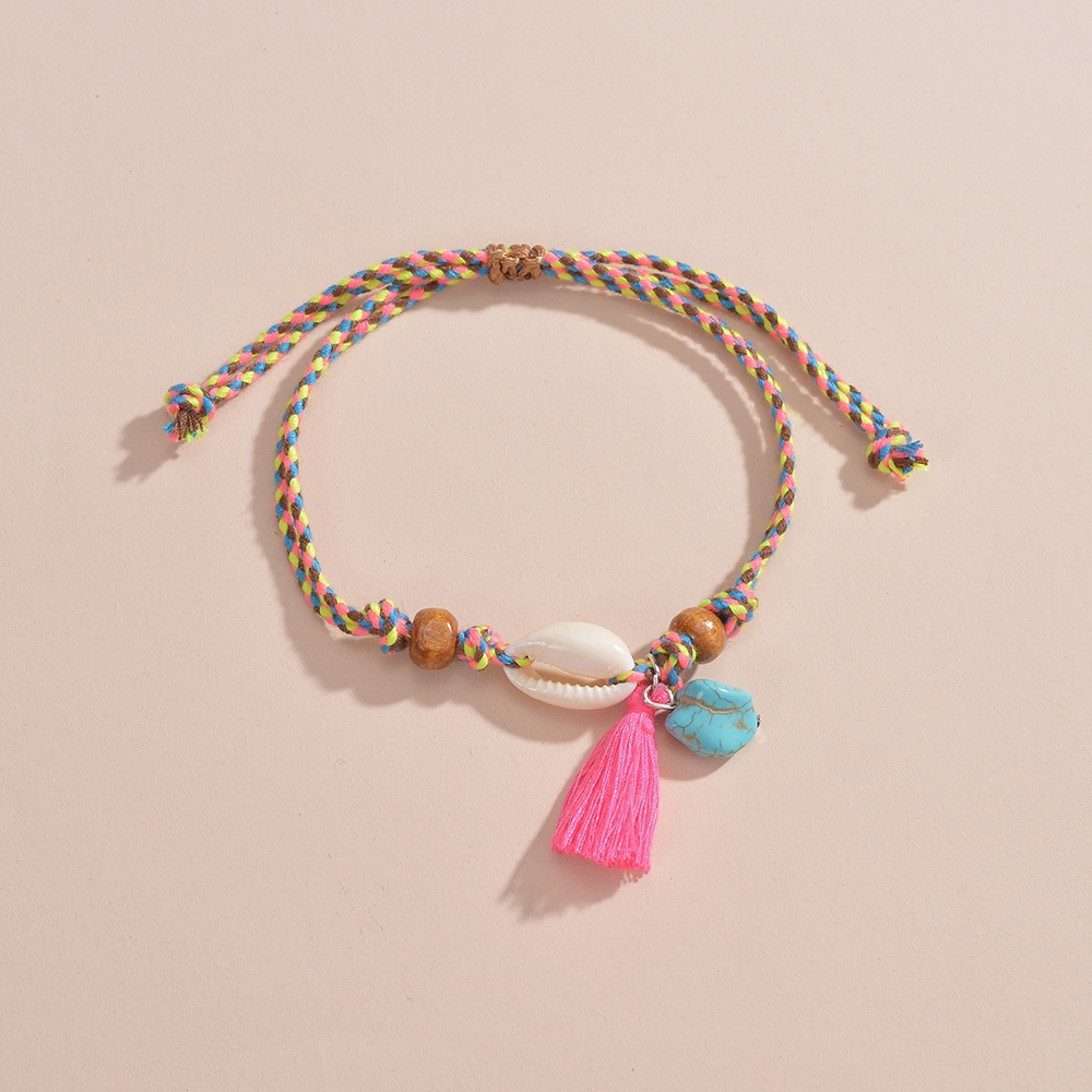 Women's Woven Anklet with Shell Tassel & Turquoise Pendant