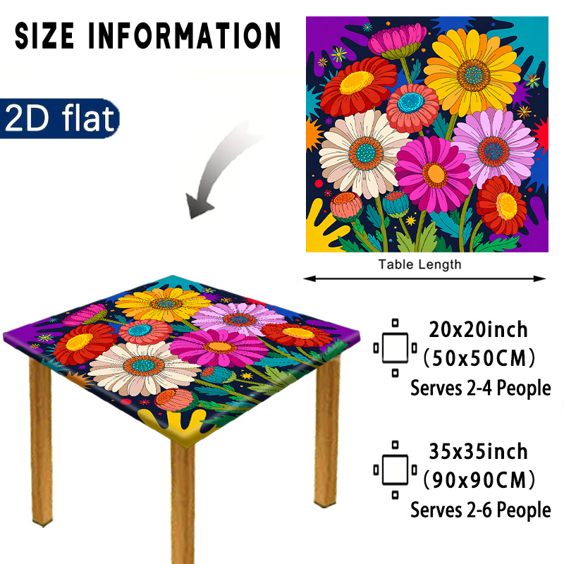 TEMU 2d Flat 1pc Elastic Tablecloth Vibrant Floral Tablecloth Design, Square Tablecover For Indoor, Outdoor, Patio, Picnic, Camping, Party, Banquet &