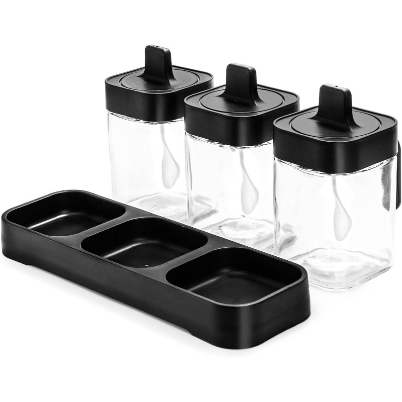 set of 3   condiment jars with lids & spoons - 13.5oz salt, pepper,   containers with tray, modern black kitchen pantry storage set, seasoning box for countertop organization Product details 5