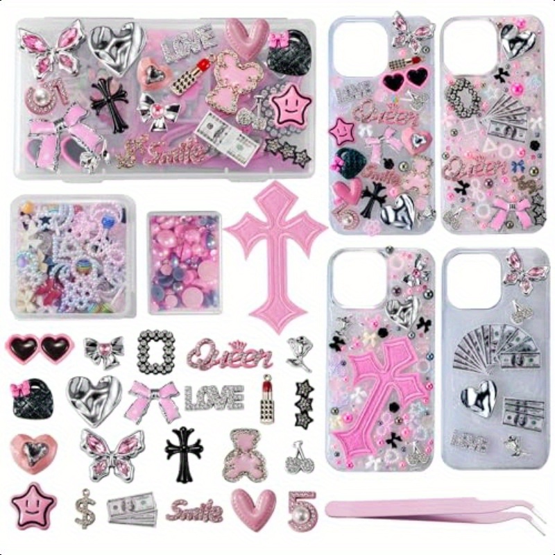 2D Flat, Junk Case Charms Kit Junk Phone Case with Big Charms Nail Bow Flatback Resin Charm for DIY Crafts Silvery Pink