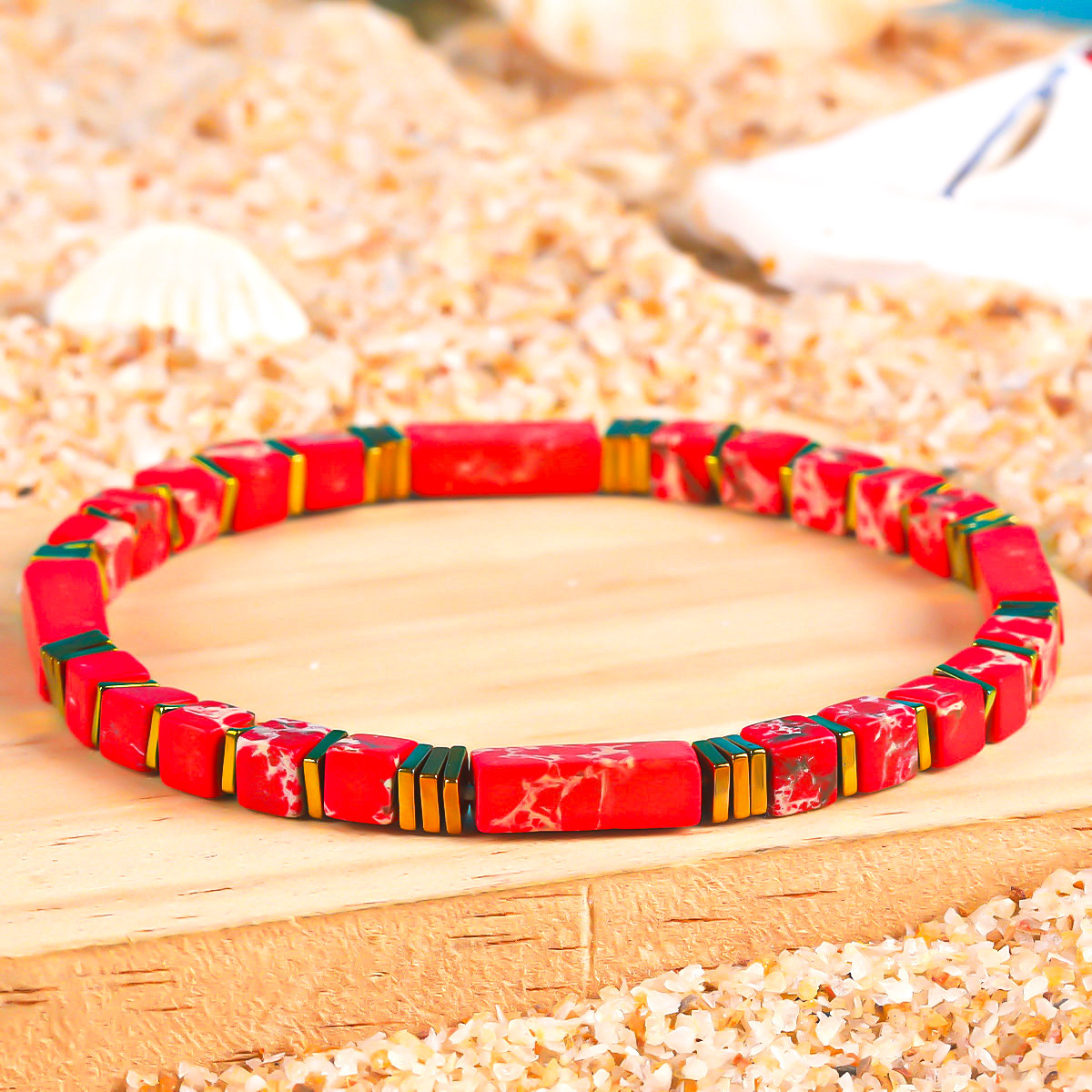 Natural Red Imperial Jasper Rectangle & Square Bead Bracelet, Unisex