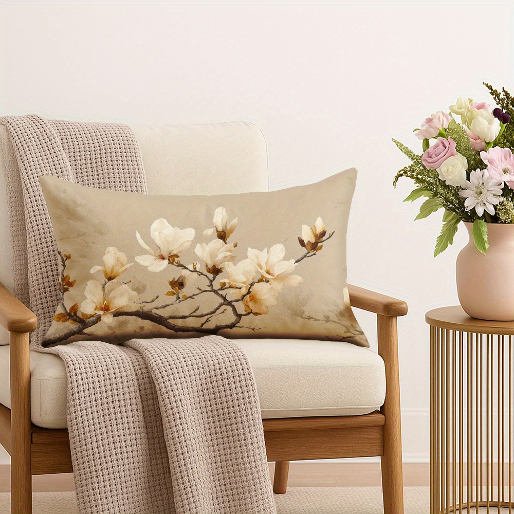 TEMU 1 de cojín blanca con flores de magnolia sobre un beige de 12X20 pulgadas/30X50 cm, de cojín decorativa de felpa para , sofá, cama y dormitorio,