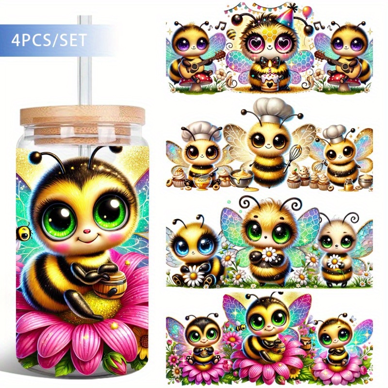 TEMU 4pcs/ Set Apis Uv Dtf Vinyl Paper Waterproof Transfer Paper For 16oz Glass Jars, Easy To Apply, High Quality Diy Handmade Decorative Paper