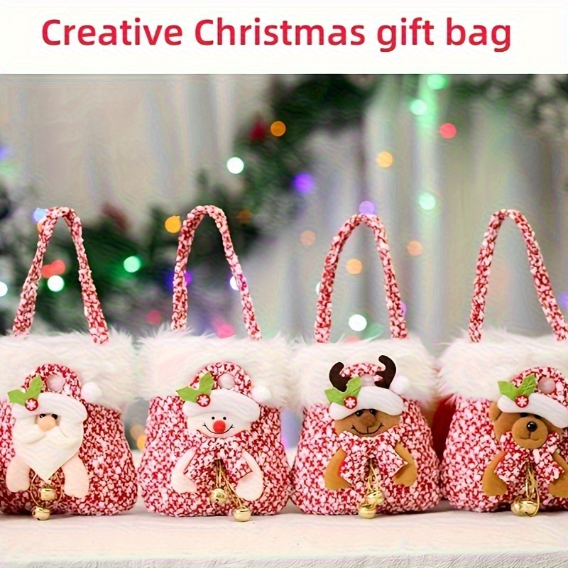TEMU 4 Christmas Plush Gift Bags With Handles Santa Reindeer Bear Snowman Designs Holiday Gift Bags Durable Soft Fabrics Christmas Decorations