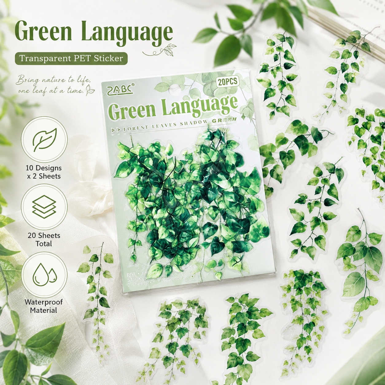 TEMU 20pcs Botanical Vine Plant Stickers, Green Leaf Transparent Pet Stickers, High Quality Clear Decorative Stickers For Journaling, Scrapbooking,