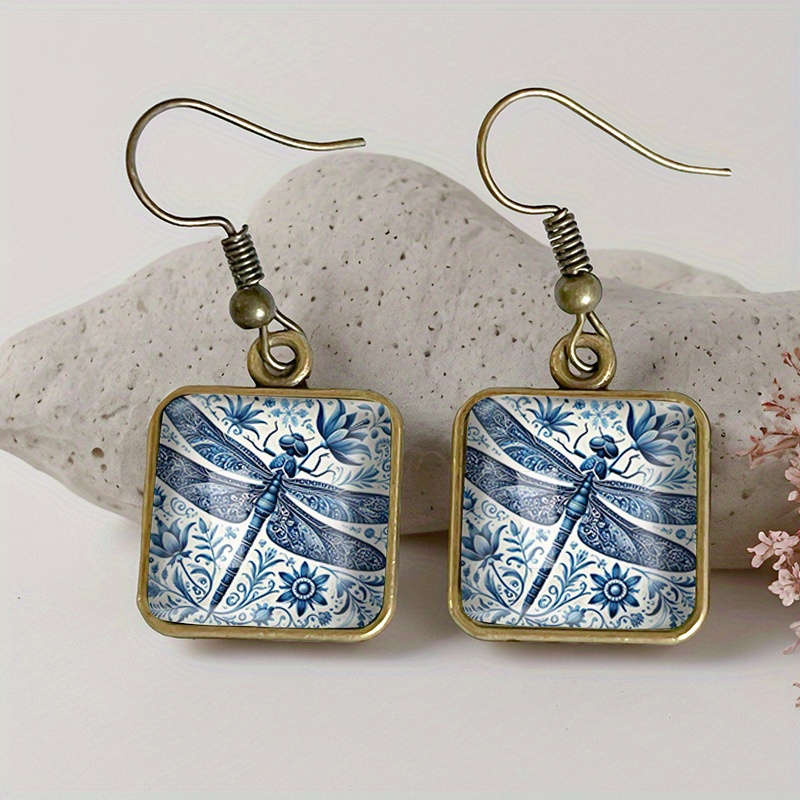 TEMU 1 Pair Dragonfly Square Earring Retro Glass Dangle Earrings Handmade Jewelry Gift For Friend