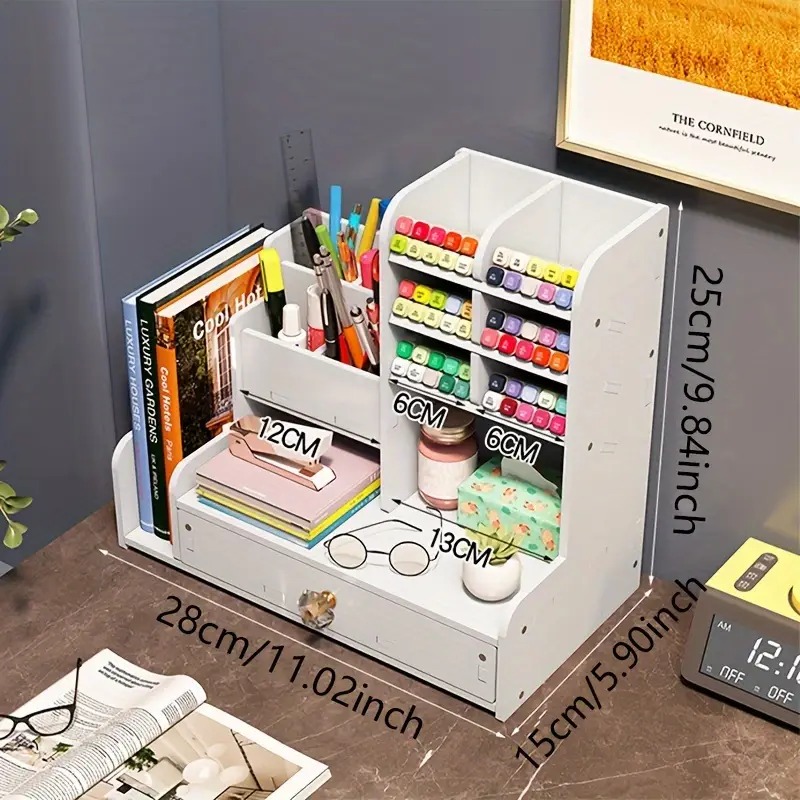 desktop pen storage solution featuring drawers and dual file holders ideal for organizing art supplies versatile for home office and educational use Product details 0