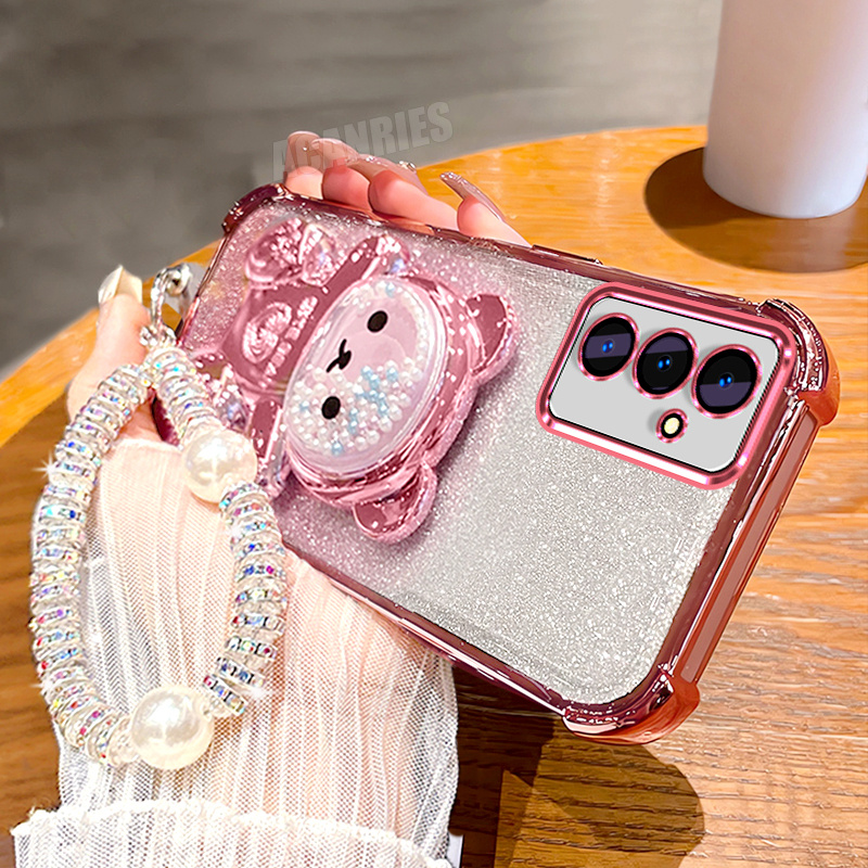 TEMU Phone Case: Clear Glitter Lanyard Wrist Strap Chain Cute Plating Quicksand Bead Bear Bracket Folding Stand Holder Luxury Gradient Shockproof