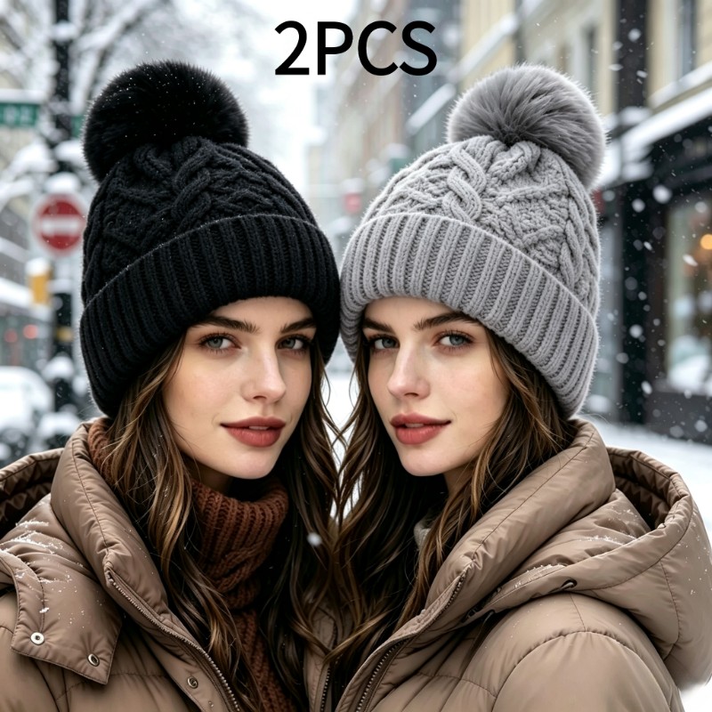 TEMU 2pcs Women's Winter Thickened Pom-pom Hats, Warm Fashionable All-match Outdoor Ski Travel Hat