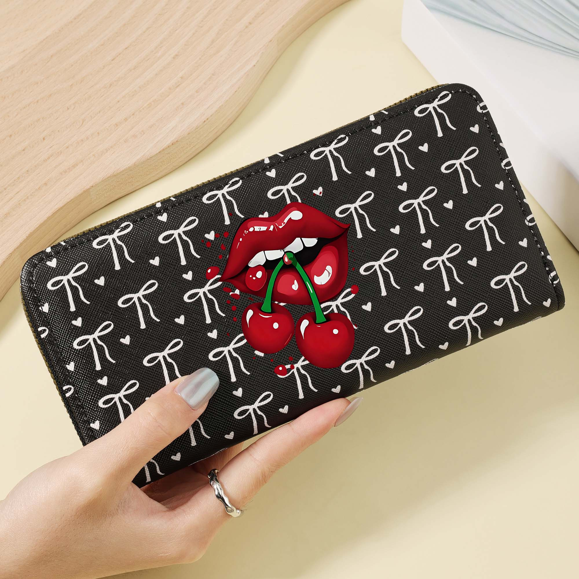 TEMU 1pc Glossy Red Lips Biting Cherries Pattern, Women's Minimalist Long Wallet With Zipper Closure, Full-screen Bow Decorated Casual Clutch Long