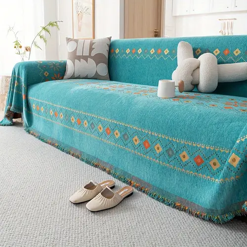 1pc bohemian style sofa cover with embroidered design turquoise chenille fabric fringe detail geometric patterns in orange red yellow living room or bedroom decor machine washable sofa covers for living room