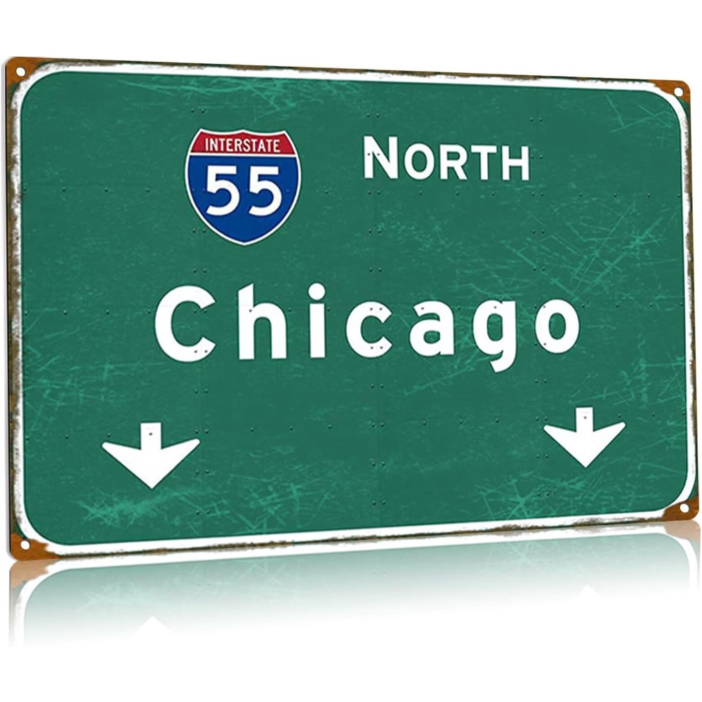 TEMU Vintage Chicago City Street Sign - North 55th State Highway Directional, Retro Metal Tin Wall Art For Home, Bar, Cafe, Garage Decor, Aluminum