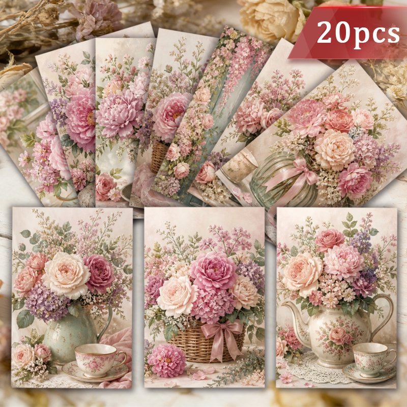 TEMU 20pcs Retro Victorian Style Vintage Garden Postcard Set Pink Art Blessing Postcard Suitable For Collectible Decor Cards Scrapbooking Crafting