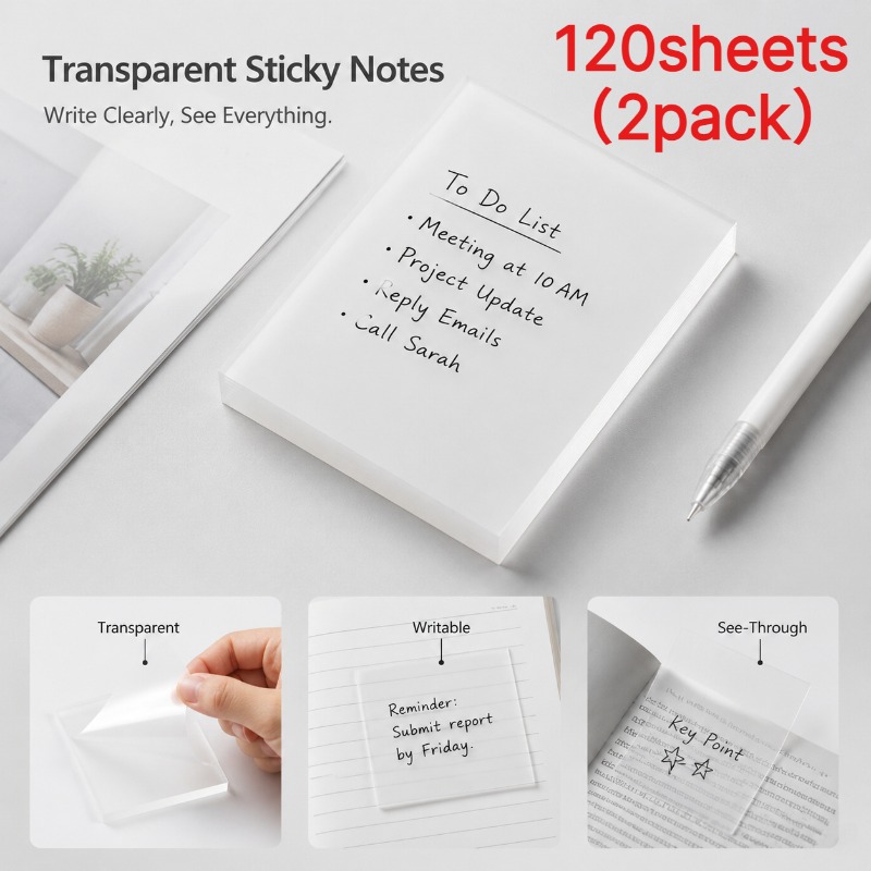 TEMU 2pcs Of 120 Sheets Each, Large-sized Thick Transparent Sticky Notes, Rectangular Self-adhesive Note Pads, Suitable For Journaling And Book