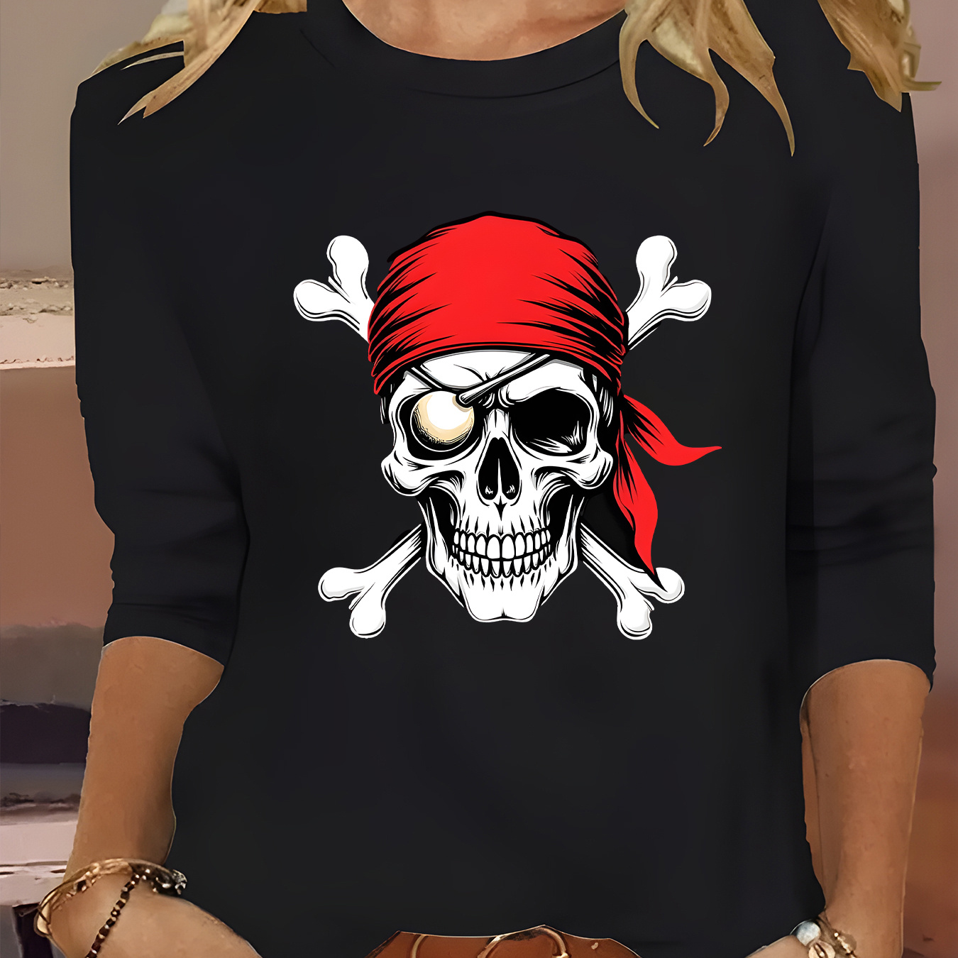 

Women's Casual Long Sleeve Crew Neck T-shirt With Skull & Pirate Hat , Soft Polyester Knit Top For All , Regular Fit, Black, Ladies T Shirts