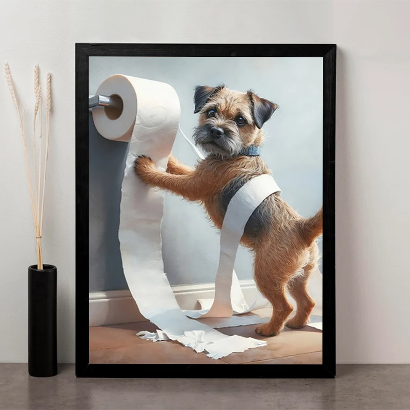 TEMU 2d Flat, 1pc Border Terrier Bathroom Wall Art - Unframed 12x16 Inch Humorous Dog Decor, High- For Bathroom, Living Room, Office - Perfect Gift