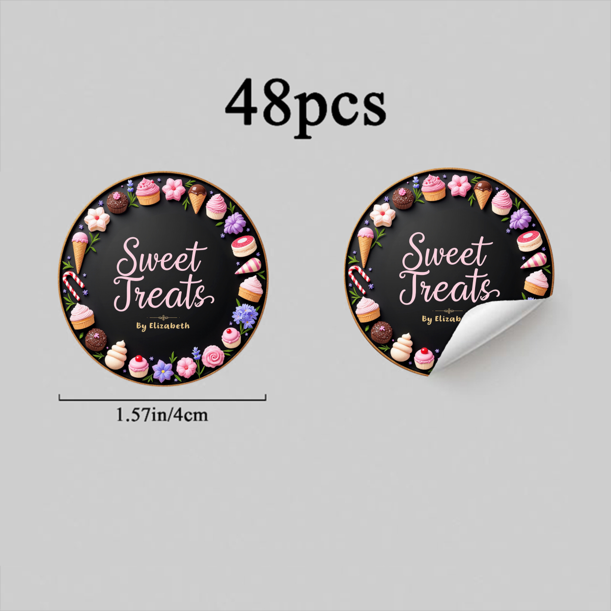 TEMU 24pcs 48pcs Personalized Text Custom Stickers Sweet Treats Black Round Cake Cupcake Ice Cream For Bakery Gift Packaging Party Decorations