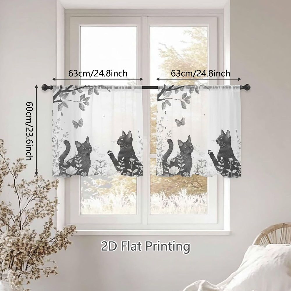 TEMU 2d Flat, 2pcs Spring Summer Small Sheer Curtains, Monochrome Cats And Wildflowers Design, Perfect For Living Rooms, Bedrooms, Dining Rooms,